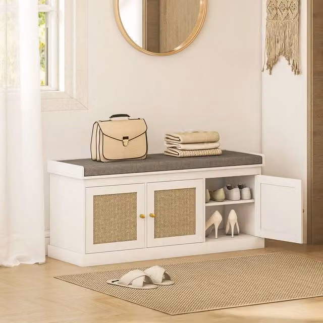 HOMCOM White Shoe Storage Bench with Rattan Doors and Fabric Cushion