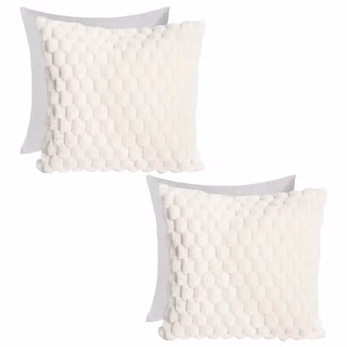 OHS Pack of 2 Waffle Faux Fur Filled Scatter Cushions with Removable Covers, Cream, W/D/H: 45 x 45 x 45 cm