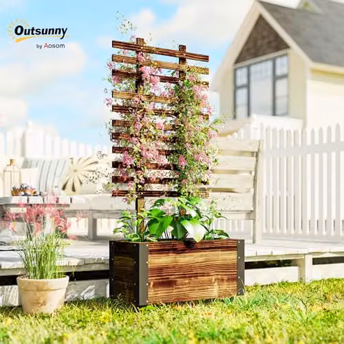 Outsunny Brown Wooden Raised Garden Bed with Trellis and Wheels, W/D/H: 147 x 65 x 31 cm – 2
