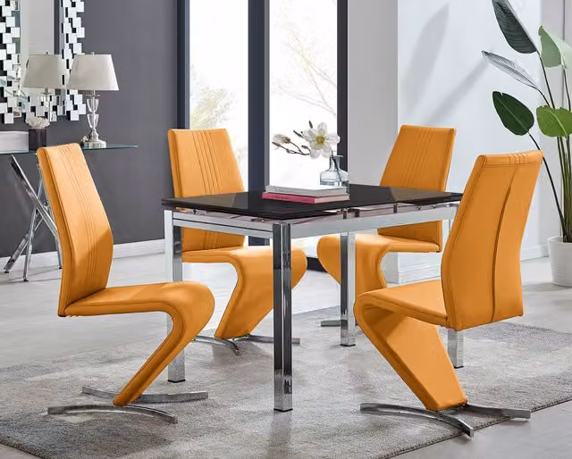 Furniturebox Enna Black Glass Extending Dining Table and 4 Willow Chairs in Yellow and Black