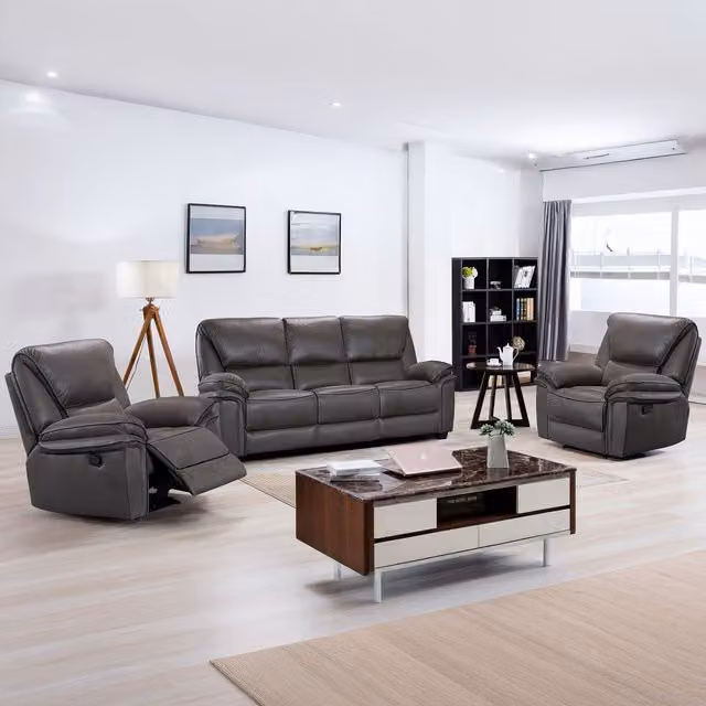Furnishings For Less UK Boston Grey Fabric 3 Piece Sofa Suite with Two Manual Reclining Armchairs and One Static 3 Seater Sofa