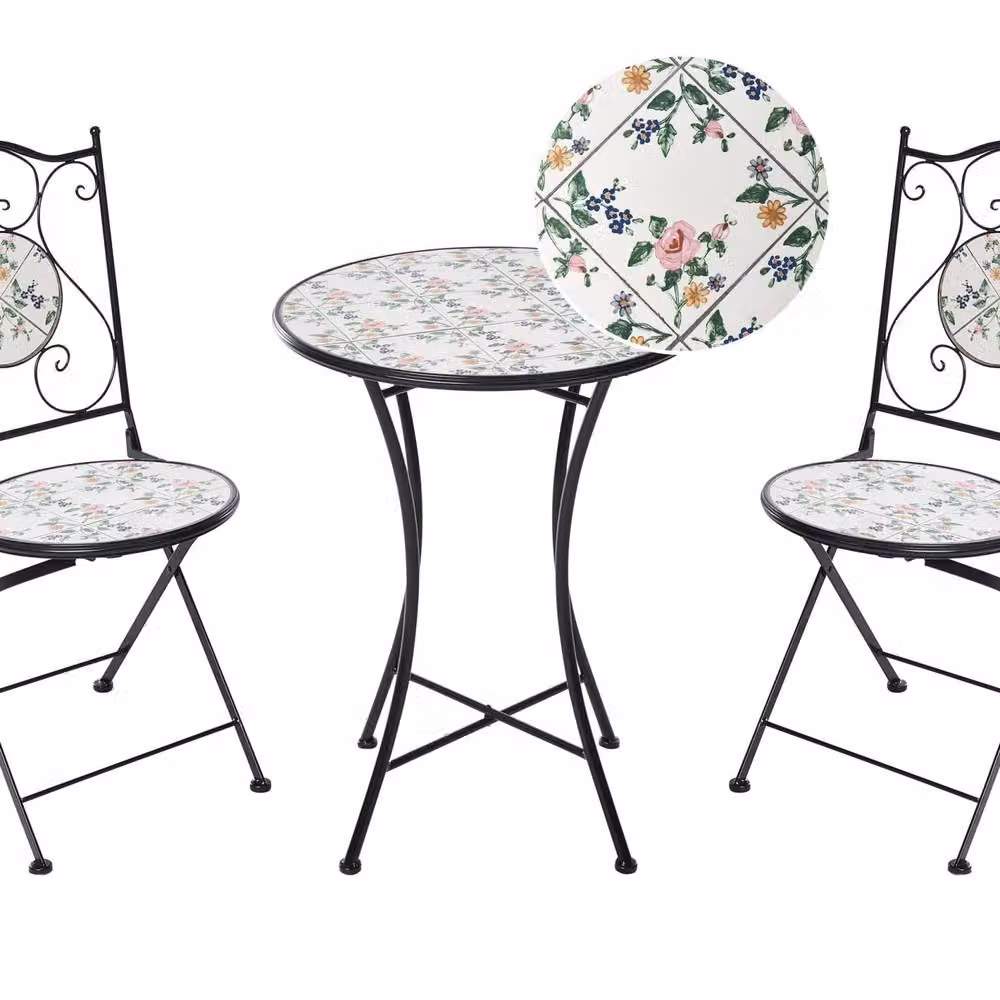 Wyld and Coco Black Bistro Set with Round Mosaic Ceramic Table and 2 Folding Metal Chairs – 2
