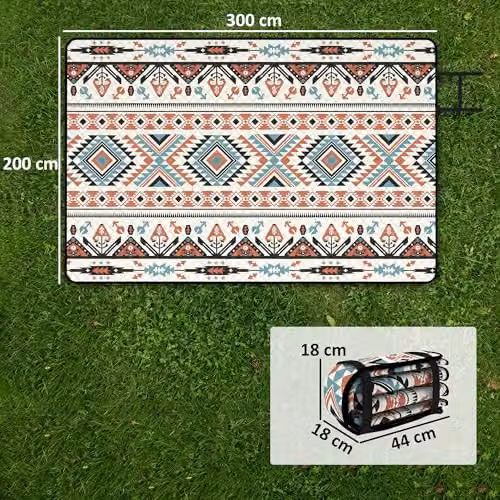 Outsunny Multicolour Ethnic Graphic Picnic Blanket with Integrated Strap, W: 300 cm, D: 200 cm – 3