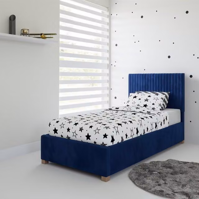 Rest Relax Emma Blue Fabric Upholstered Single Ottoman Bed with Lift Up Base, W/D/H: 90 x 200 cm – 1