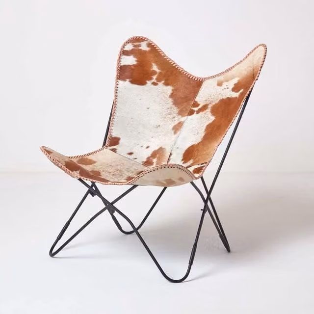 Homescapes Brown Leather Cowhide Butterfly Lounge Chair with Metal Frame