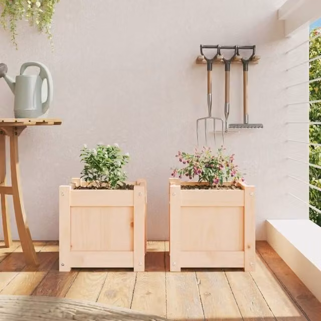 Berkfield Home Garden Solid Wood Pine Planter Tub, 2 Pack, Beige – 1