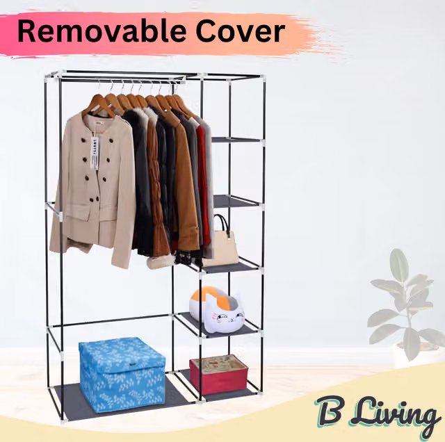 B Living Portable Canvas Wardrobe in Black with Hanging Rod and Internal Shelves