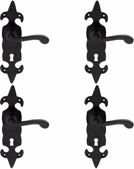 Loops 4 Pairs of Forged Scroll Lever Handles with Lock Backplate, Matt Black Antique, Backplate: 20.6 x 5.7 cm – 1