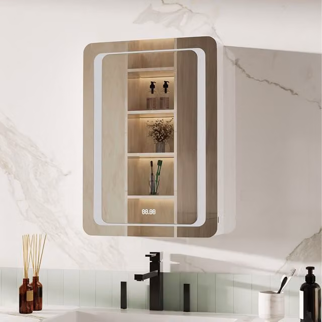 Livingandhome Modern Wall Mounted LED Bathroom Mirror Cabinet with Glass Hinged Doors in Silver