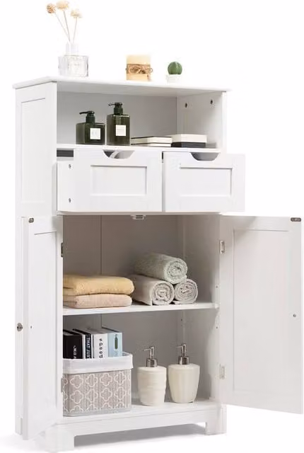 Costway White Wooden Freestanding Bathroom and Kitchen Floor Cabinet with Hinged Doors and Internal Shelves