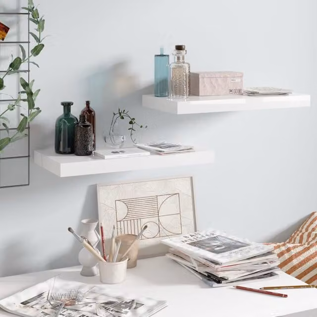 Berkfield Home Set of 2 High Gloss White Floating Wall Shelves, W: 50 cm, D: 23 cm, H: 3.8 cm – 1