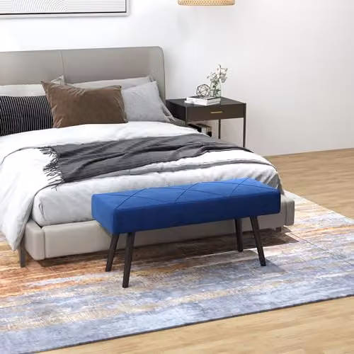 HOMCOM Upholstered Velvet End of Bed Bench with X-Shape Metal Legs, Blue, W/D/H: 120 x 45 x 36 cm – 2