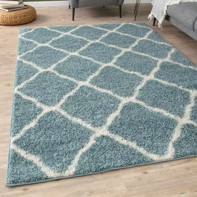 THE RUGS Moroccan Soft High Pile Shaggy Lattice Rug in Duck Egg Blue, W: 140 cm, D: 200 cm