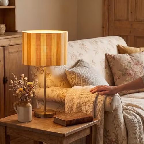 Happy Homewares Shabby Chic Bamboo Cylinder Drum Lamp Shade in Brown, Yellow and White, W/H: 18 x 25 cm – 2