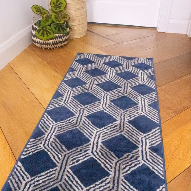 The Rug House Modern Geometric Rectangular Living Area Rug in Blue, W: 240 cm, D: 60 cm