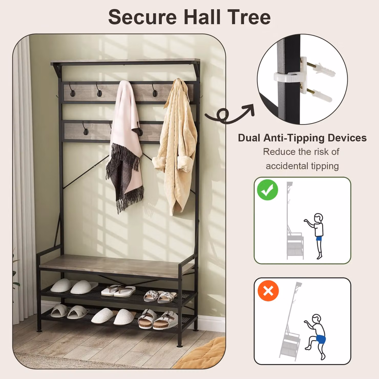 Costway 4-in-1 Hall Tree Coat Rack with 11 Hanging Hooks and Shoe Bench in Grey – 2