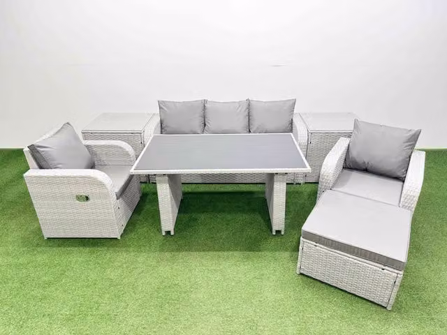 Fimous 6-Seater Outdoor Rattan Garden Dining Set with 2 Side Tables in Light Grey