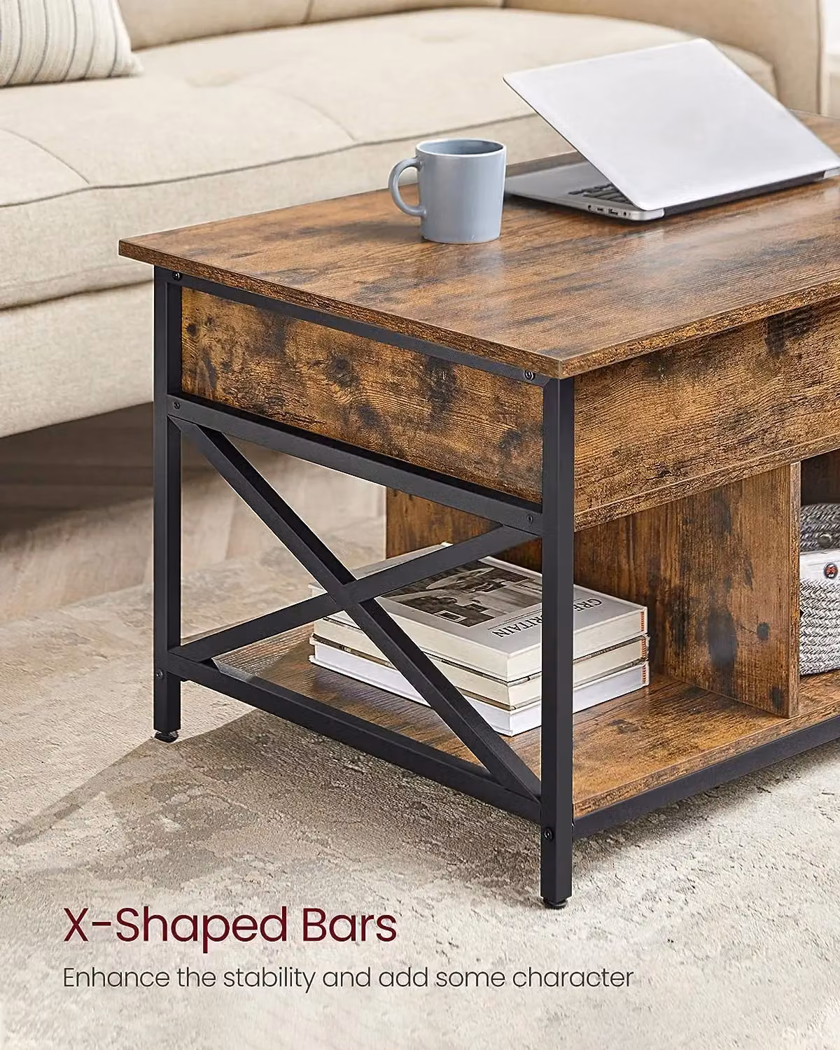 VASAGLE Brown Industrial Lift-Top Coffee Table with Height Adjustable Tilting Top and X-Shaped Metal Frame – 6