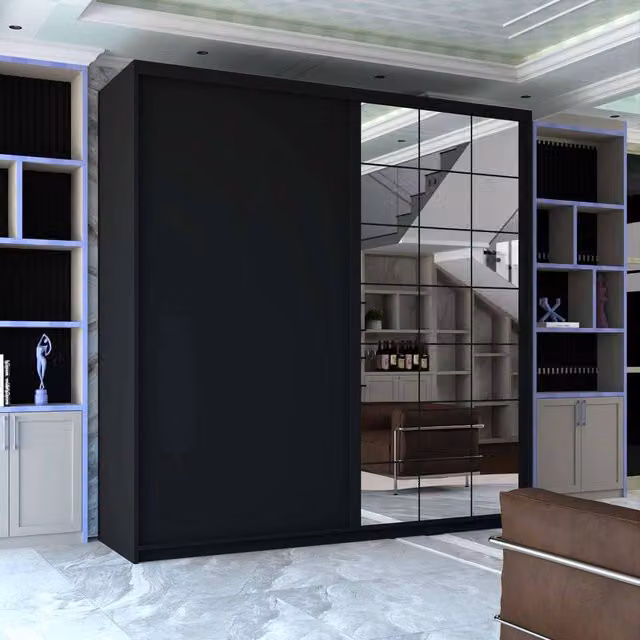 Sliding Wardrobes 4U Cubbix Single Mirror Sliding Door Wardrobe in Black, W/H: 200 x 217 cm