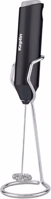 Keplin Handheld Electric Milk Frother with Stand, Stainless Steel, Black