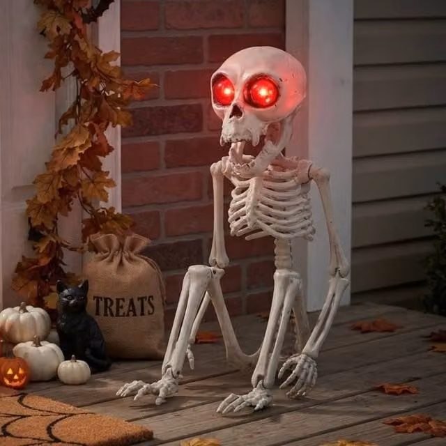 Garden Greatness Sitting Light Up Playful Monkey Skeleton Decoration in White, Red and Multicolour