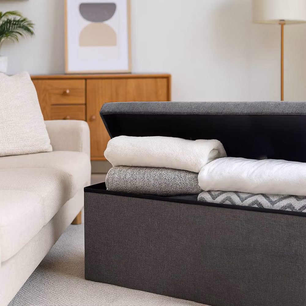 Harbour Housewares Foldable Grey Linen Storage Ottoman Bench, W/D/H: 111 x 37 x 39 cm – 10