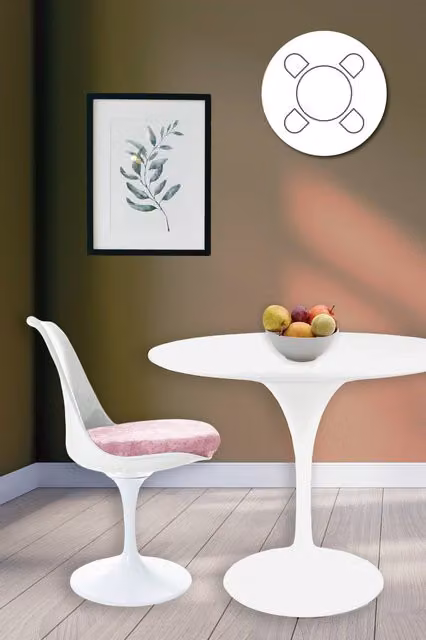 Fusion Living Tulip Dining Set with White Round Table and Four Pink Chairs