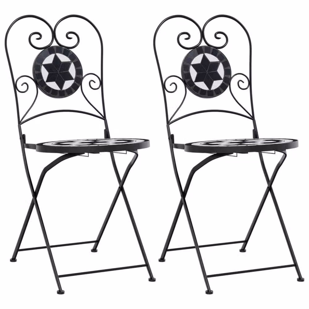 Berkfield Home Beautiful Bistro Chairs, Set of 2, Black and White Geometric Ceramic and Metal Foldable Garden Chairs – 2