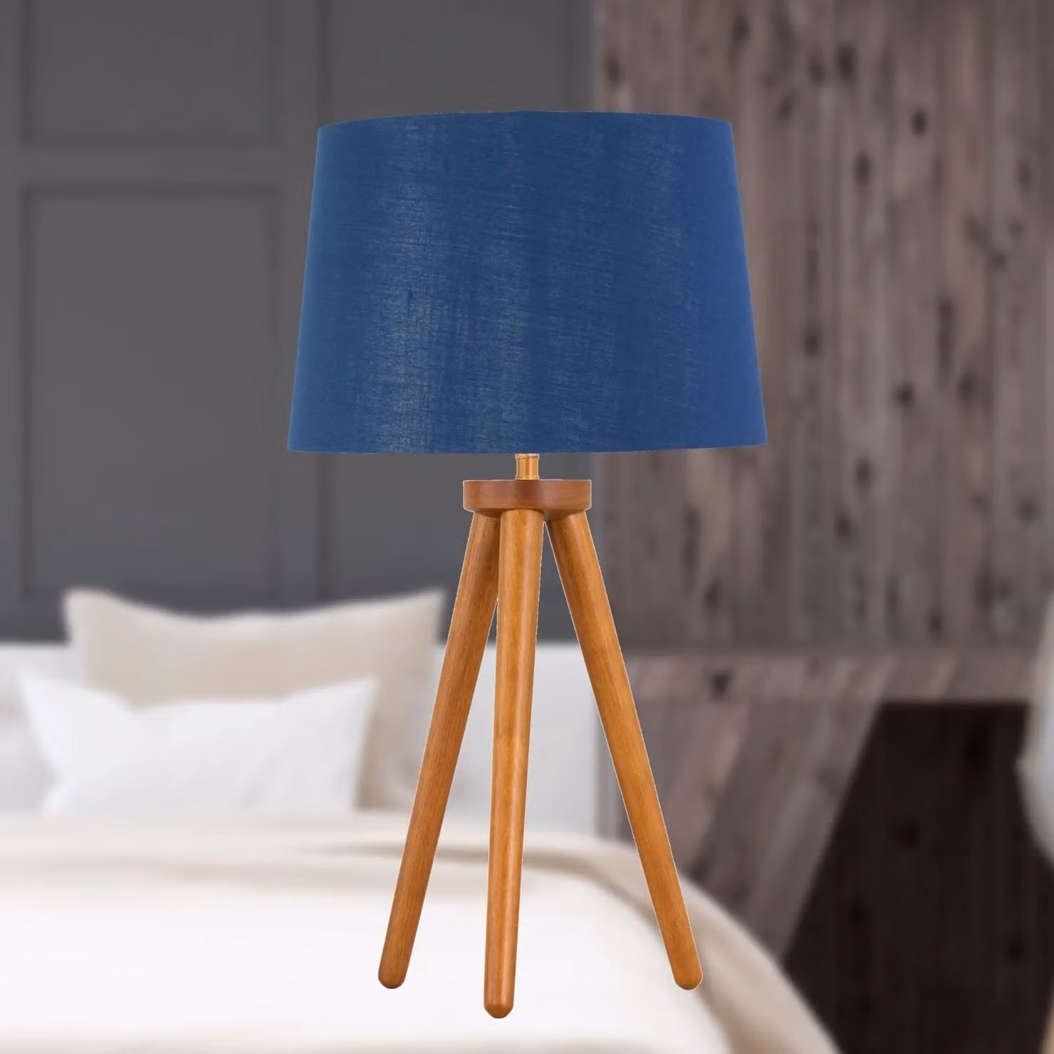 First Choice Lighting Voyage Table Lamp in Dark Oak with Navy and Silver Fabric Shade, H: 51.0 cm, W: 28.5 cm, D: 28.5 cm – 3