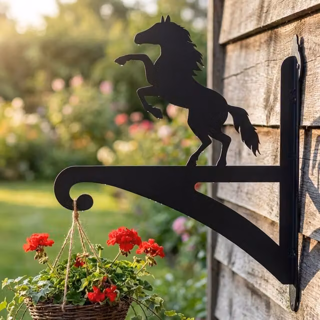 Laser Hut Black Metal Ornamental Horse Hanging Basket Planter Bracket