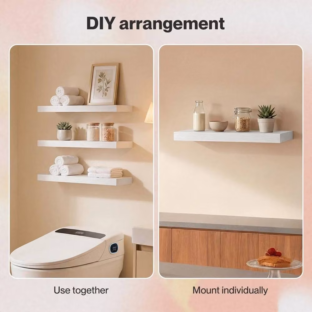 Kelvenix Rustic Wood Floating Wall Shelf, White and Brown, W: 150 cm, D: 15 cm – 3