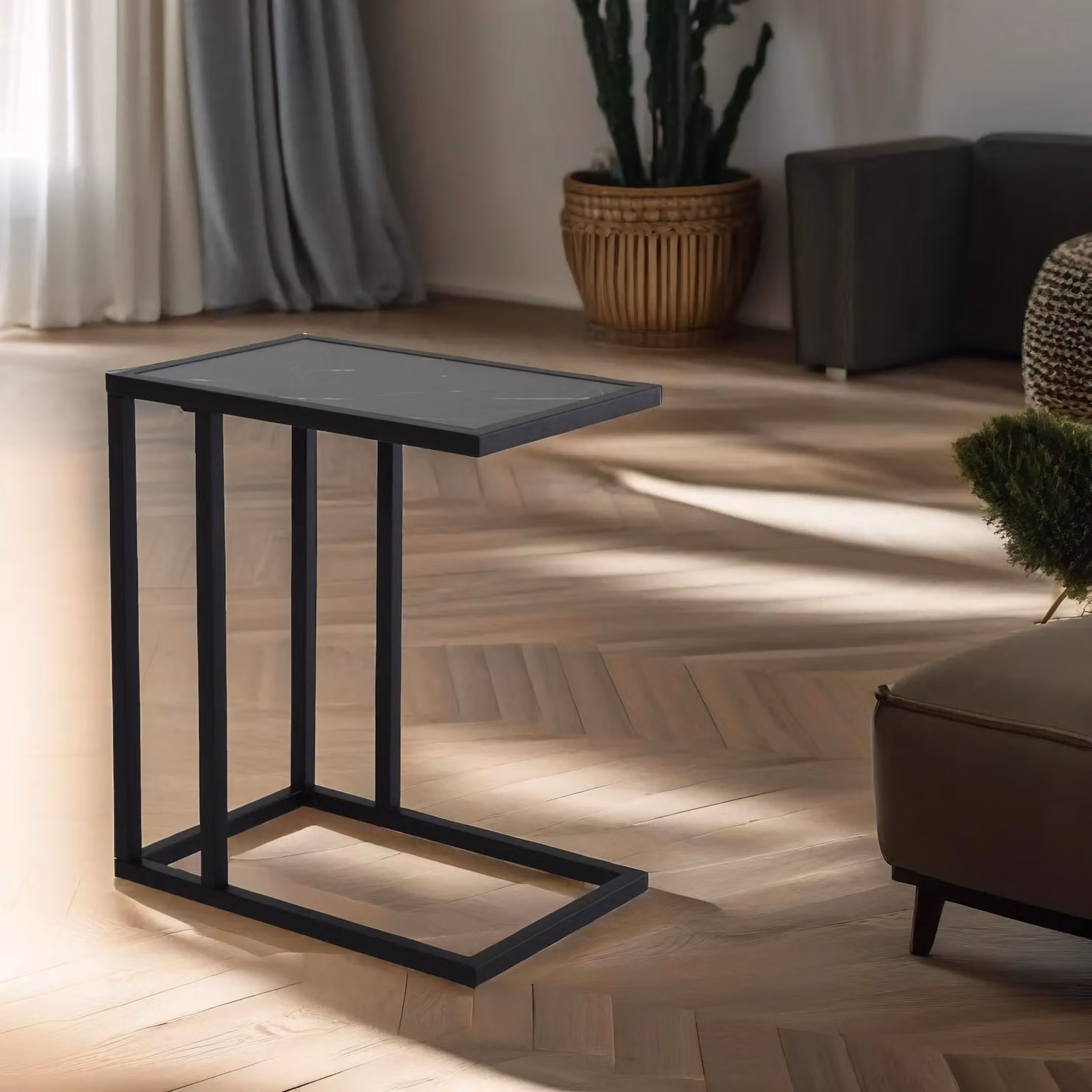 Pirlo Plush Industrial C Shaped Side Table in Black Marble Effect W/D/H: 30 x 30 x 51.5 cm – 2