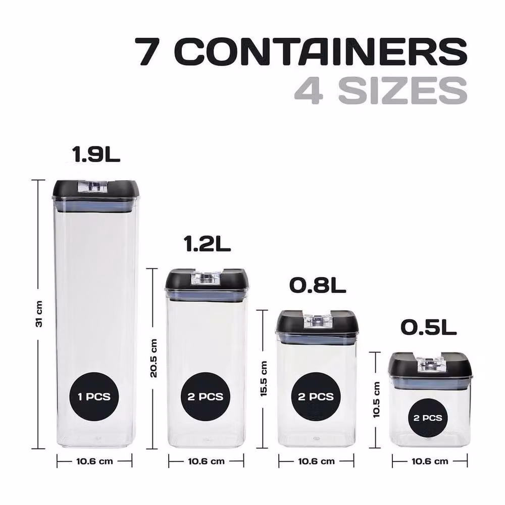 KORVIXA 7-Piece Airtight Food Storage Container Set in Black and Transparent Plastic and Silicone – 2