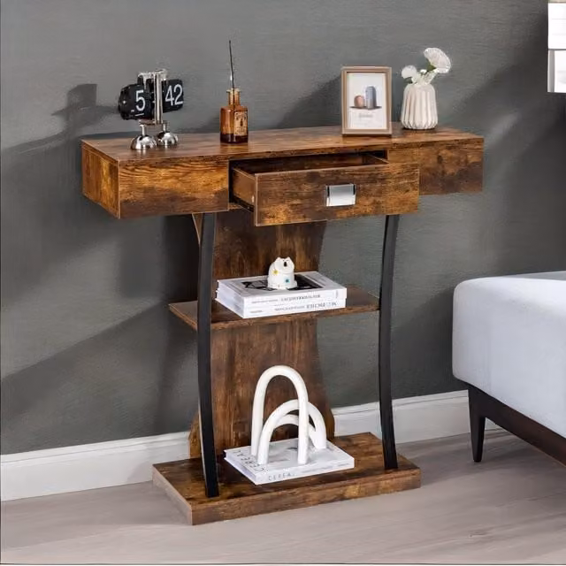 Rafaelo Mobilia Industrial T-Shaped Narrow Console Table with Drawer, Dark Brown