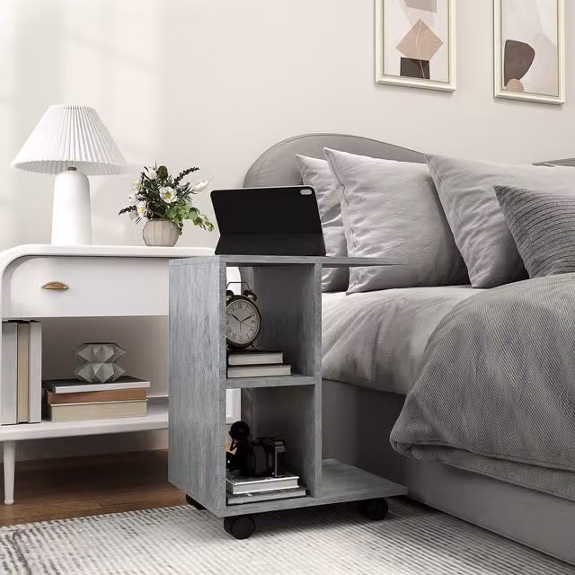 HOMCOM C Shape End Table with 2 Shelves in Grey