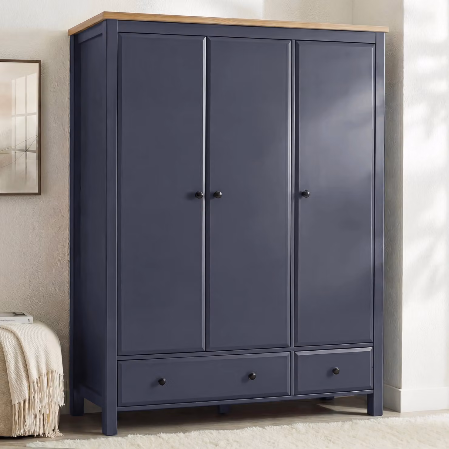 DHS Classic Blue and Black Lacquered 3 Door Wardrobe with Drawers, Shelves and Soft Close Hinged Doors