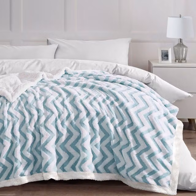 Velosso Blue Jacquard Chevron Throw Blanket with Sherpa Backing, W/D/H: 100 x 150 cm