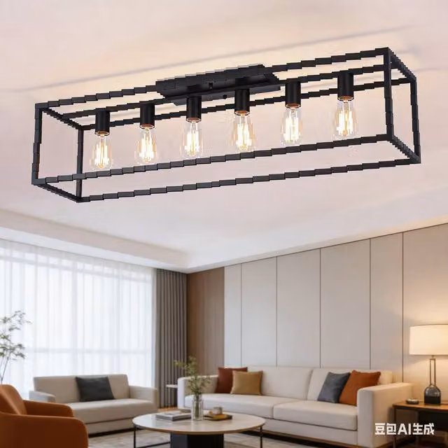 NIVOR 6 Light Industrial Iron Cage Flush Mount Ceiling Chandelier in Black – 1