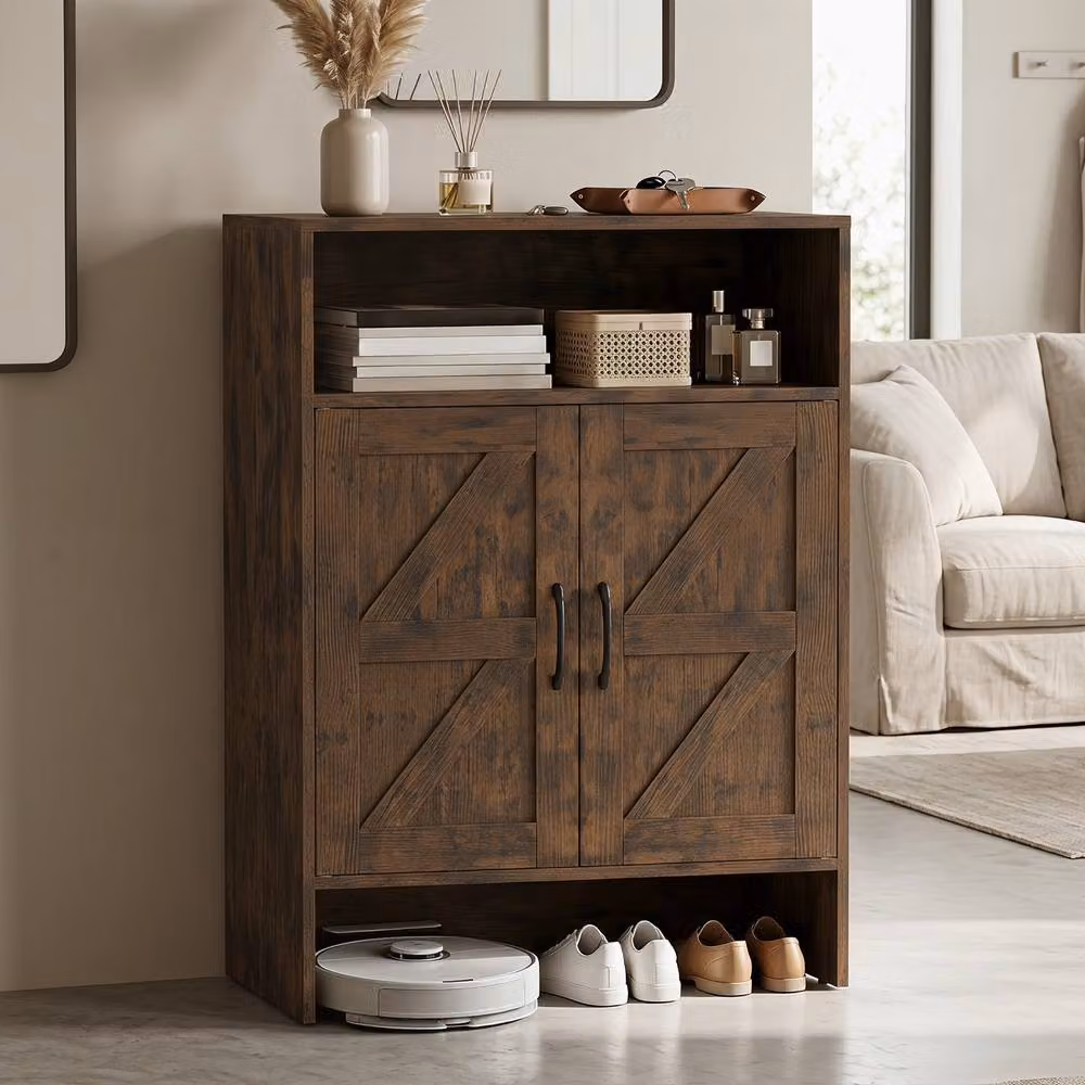 Costway Brown Rustic Wood Shoe Cabinet with 2 Barn Doors and Internal Shelves – 8