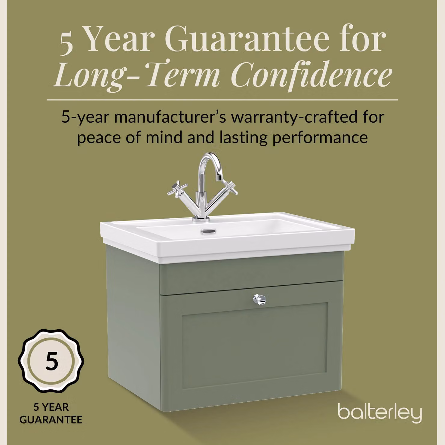 Balterley Wall Hung 1-Drawer Bathroom Vanity Unit and Fireclay Basin, Green, W: 60 cm – 3