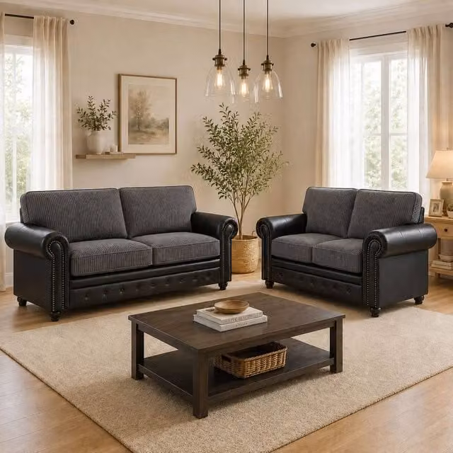 LUXURY LIFE Woodland Grey 3+2 Sofa Set in Jumbo Cord and Synthetic Leather