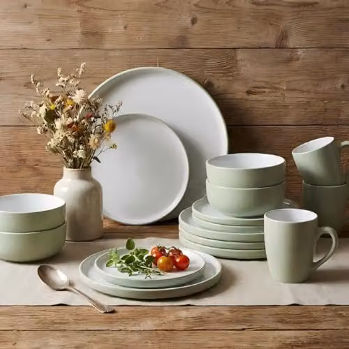 Waterside 16-Piece Green and White Stoneware Dinner Set with Dinner Plates, Side Plates, Deep Bowls and Mugs – 3