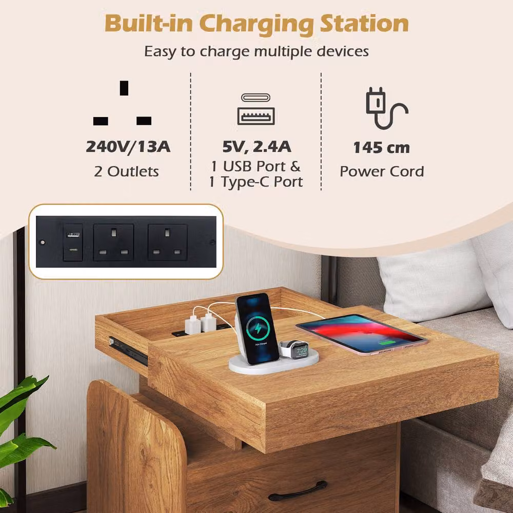Costway Modern Wooden Nightstand with Drawer and Charging Outlets in Sand Brown – 5
