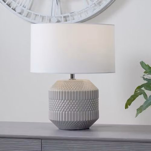 Pacific Lifestyle Grey Geometric Textured Ceramic Table Lamp with White Fabric Drum Shade