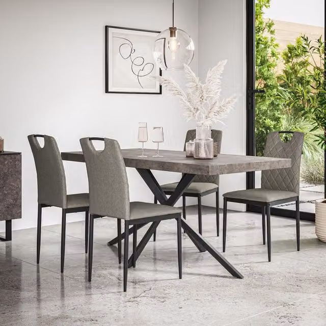 More4Homes Donni Dining Table and 4 Monza Linen Dining Chairs Set, Concrete Effect Table Top with Black Legs and Grey Chairs