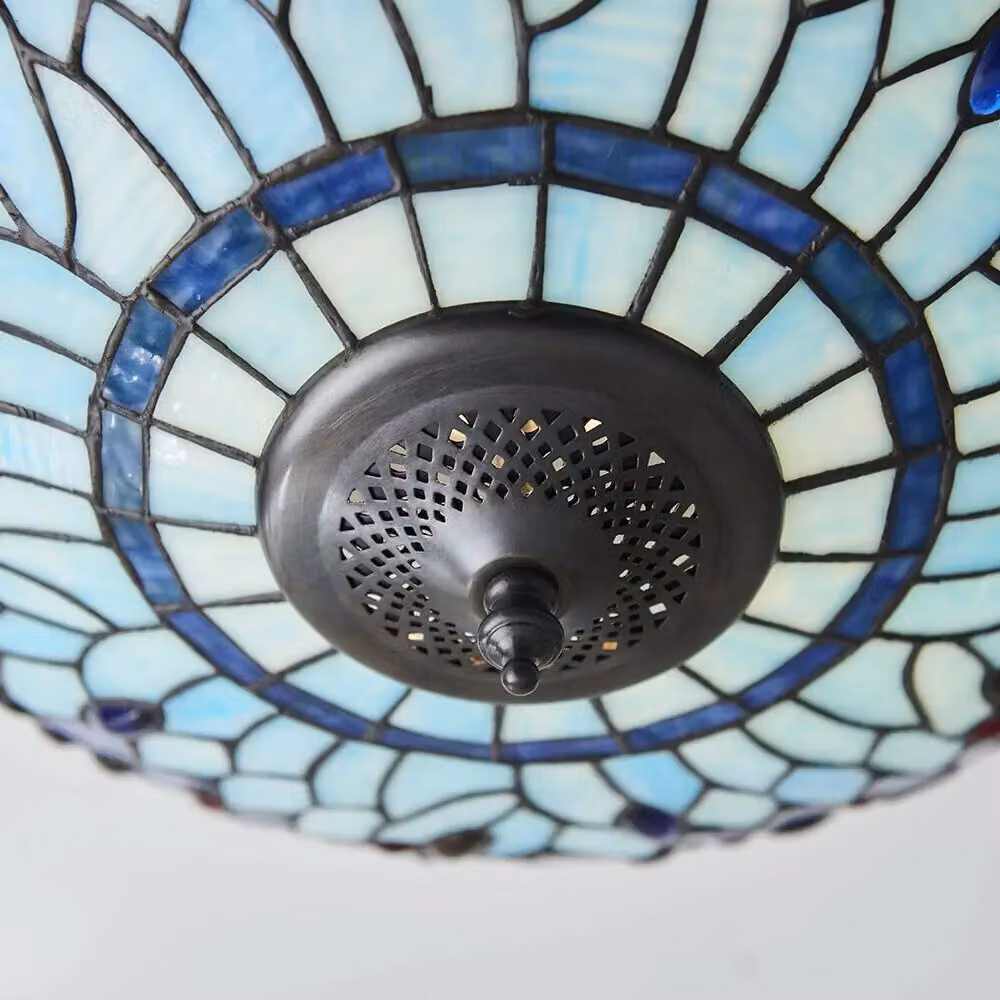 Loops Tiffany Glass Semi Flush Ceiling Light with Blue Dragonfly Inverted Shade in Multicolour and Bronze – 3