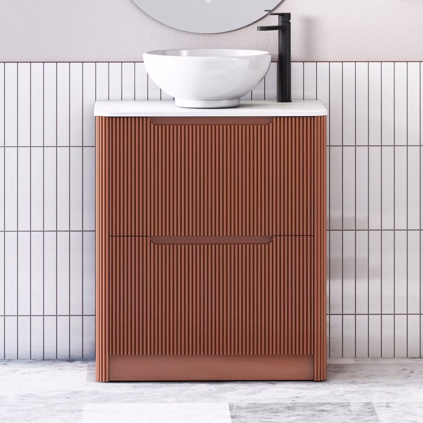 Royal Bathrooms Avenza 600mm Terracotta Clay Floor Standing 2 Drawer Vanity Unit with White Worktop and Breeze Basin