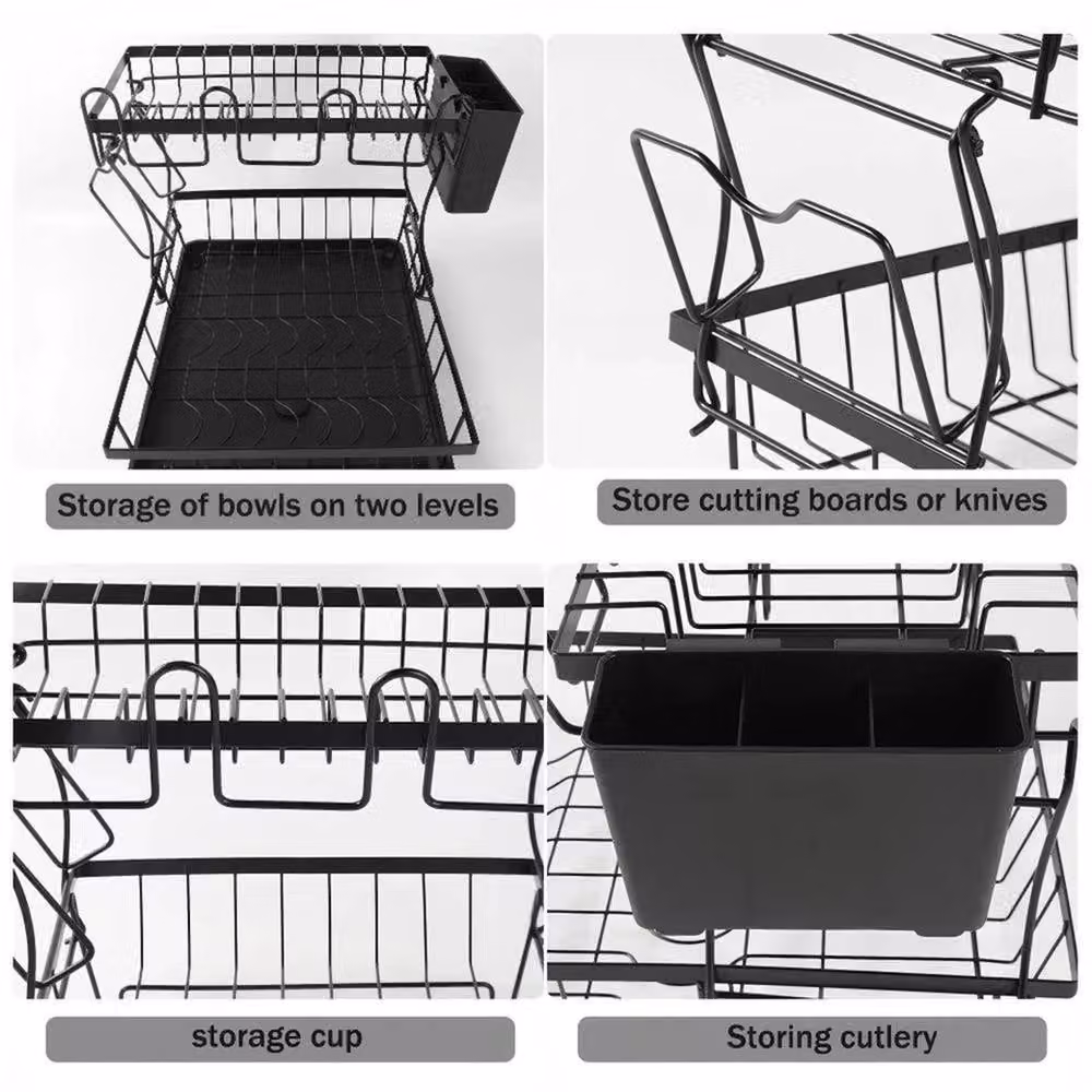 Nordara 2 Tier Kitchen Dish Drainer Rack with Cutlery and Cup Holder in Black – 4
