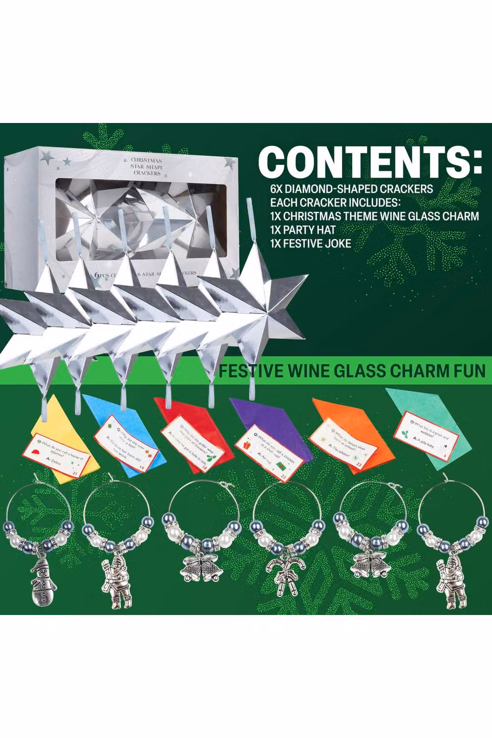 KreativeKraft Luxury Christmas Crackers with Wine Glass Charms and Festive Glass Markers, 6 Pack, Silver Star and Multicolour – 10