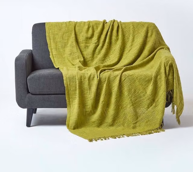 Homescapes Nirvana Woven Cotton Throw with Fringes in Green, W/D/H: 255 x 360 cm – 1